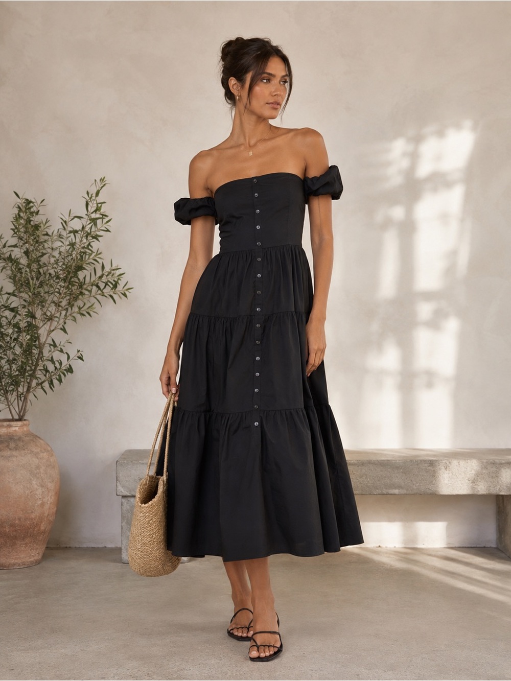 Staud Elio Off-the-shoulder Tiered Cotton Midi Dress in Black NWT
